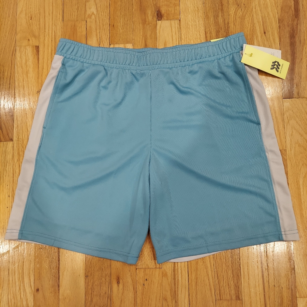 📢 NWT All in Motion Turquoise and Grayish White Mesh Shorts (Size: L)